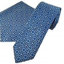 Shades of Blue & Silver Circle Motif Pattern Men's Tie & Pocket Square Handkerchief Set
