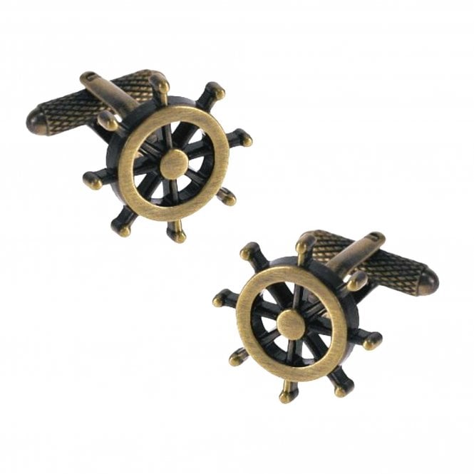 Ship Wheel Burnished Gold Novelty Cufflinks