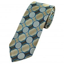 Silver, Beige, Shades of Brown & Blue Circle Pattern Men's Extra Long Tie