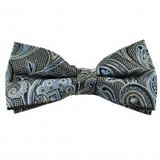 Silver, Black & Blue Paisley Patterned Men's Silk Bow Tie