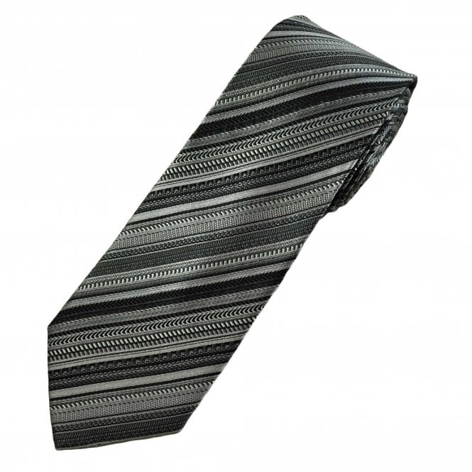 Silver, Black & Grey Stripe Patterned Men's Silk Tie