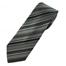 Silver, Black & Grey Stripe Patterned Men's Silk Tie