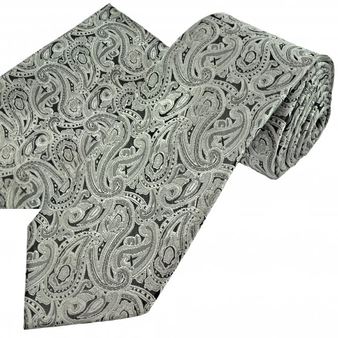 Silver & Black Paisley Pattern Men's Tie & Pocket Square Handkerchief Set