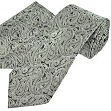 Silver & Black Paisley Pattern Men's Tie & Pocket Square Handkerchief Set