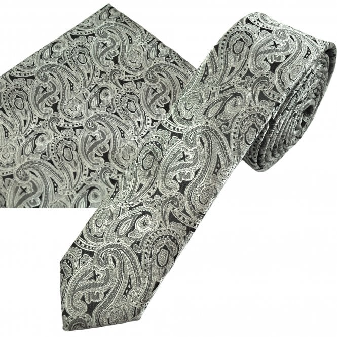 Silver & Black Paisley Pattern Men's Tie & Pocket Square Handkerchief Set