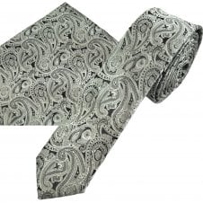 Silver & Black Paisley Pattern Men's Tie & Pocket Square Handkerchief Set
