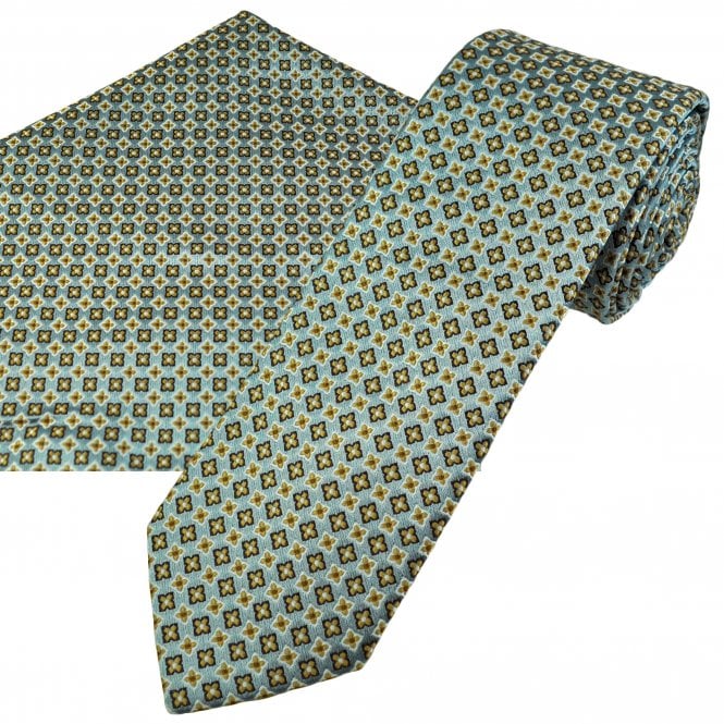 Silver Blue, Brown, Beige & White Patterned Men's Tie & Pocket Square Handkerchief Set