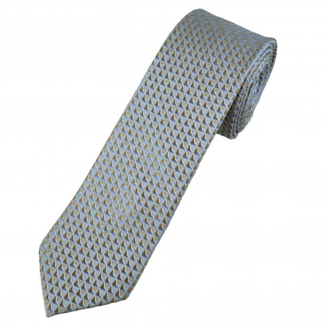 Silver, Blue & Gold Pattern Men's Silk Skinny Tie