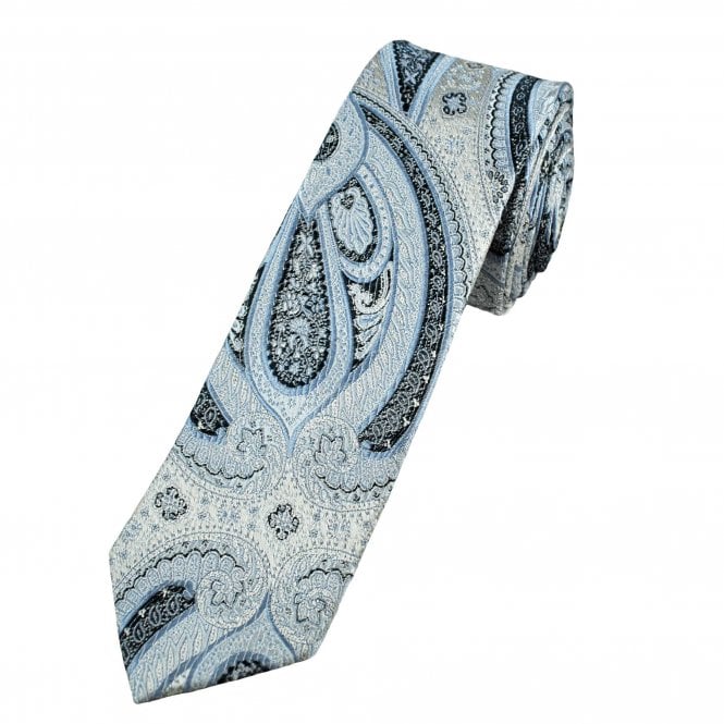 Silver, Blue & Navy Patterned Men's Silk Skinny Tie
