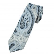 Silver, Blue & Navy Patterned Men's Silk Skinny Tie
