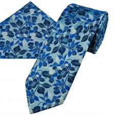 Silver Blue, Royal Blue, Navy & White Flower Pattern Men's Tie & Hanky Set