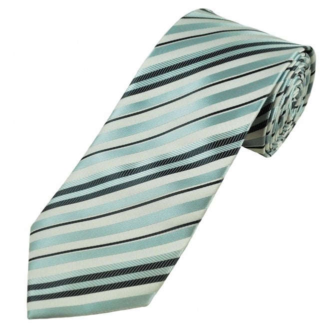 Silver Blue, White & Charcoal Grey Striped Men's Extra Long Tie