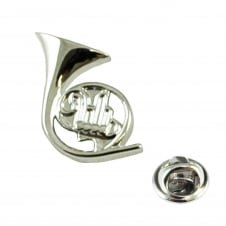 Silver French Horn Musical Instrument Lapel Pin Badge - Rhodium Plated