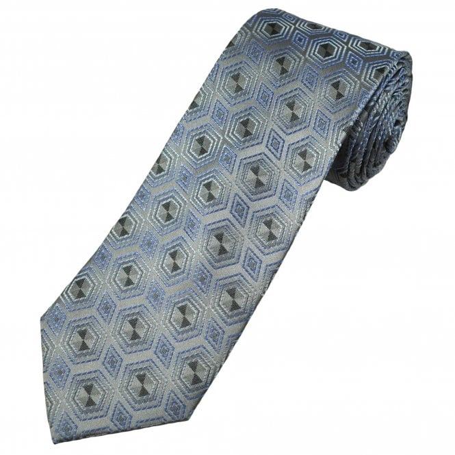 Silver, Grey, Blue & White Pattern Men's Silk Tie