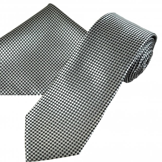 Silver & Grey Micro Checked Men's Tie & Pocket Square Handkerchief Set