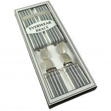 Silver, Grey, Navy Blue & White Stripe Men's Trouser Braces with Silver Clips