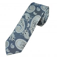 Silver & Navy Paisley Patterned Men's Silk Skinny Tie