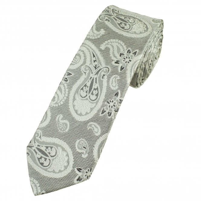 Silver Paisley Patterned Men's Silk Skinny Tie