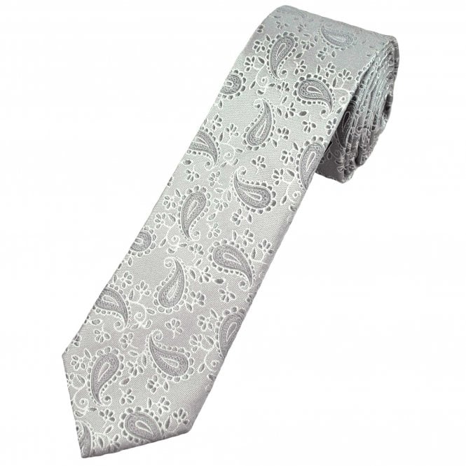 Silver Paisley Patterned Men's Silk Skinny Tie