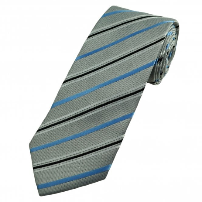 Silver, Sky Blue, Black & White Striped Men's Extra Long Tie