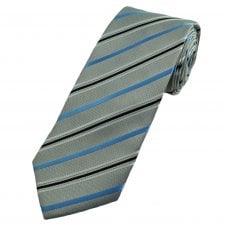 Silver, Sky Blue, Black & White Striped Men's Extra Long Tie
