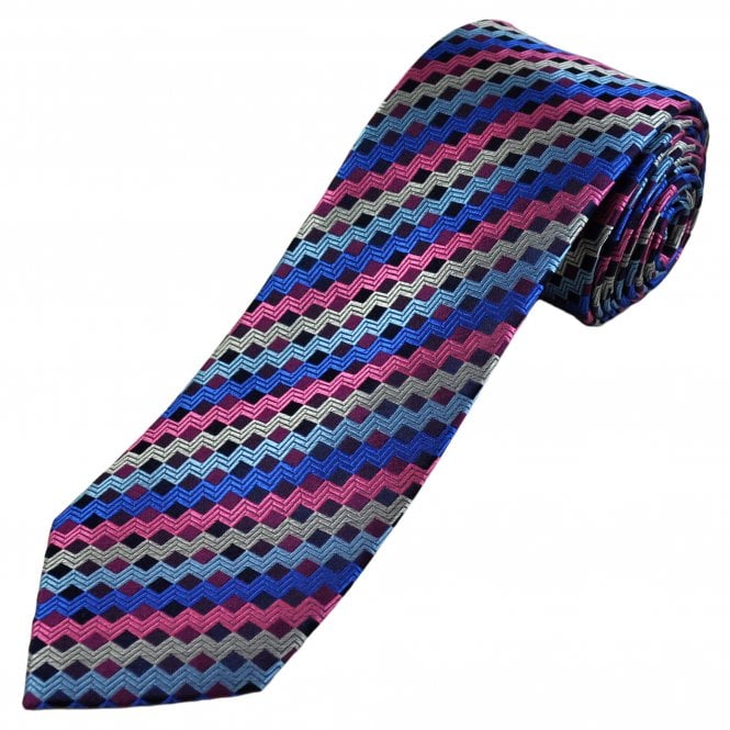 Simon Carter London Pink, Blue, Silver, Navy, Royal & Fuchsia Zig Zag Pattern 100% Silk Men's Designer Tie