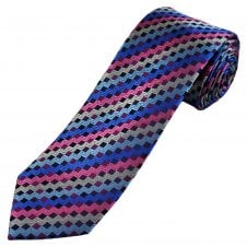 Simon Carter London Pink, Blue, Silver, Navy, Royal & Fuchsia Zig Zag Pattern 100% Silk Men's Designer Tie