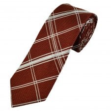 Simon Carter London Red, Orange & Silver White Check Pattern 100% Silk Men's Designer Tie