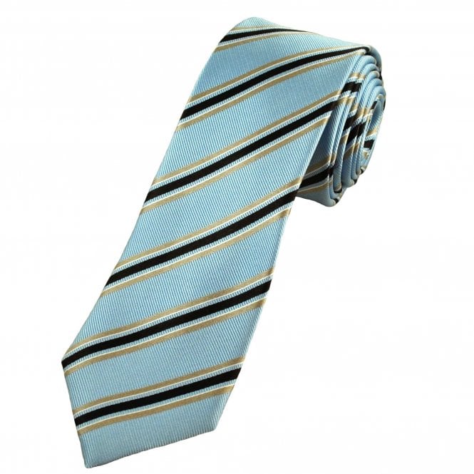 Sky Blue, Black & Beige Striped Men's Silk Tie