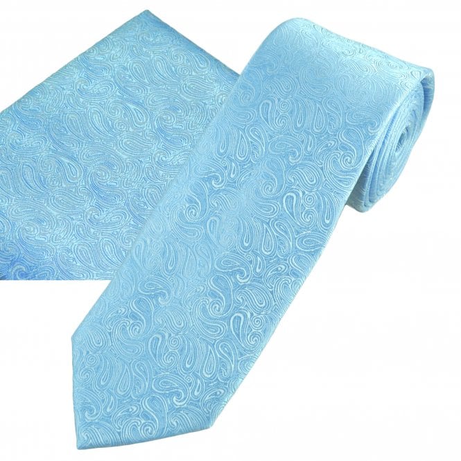 Sky Blue Paisley Pattern Men's Tie & Pocket Square Handkerchief Set
