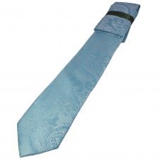 Sky Blue Paisley Patterned Men's Luxury Wedding Tie & Hanky Set