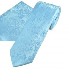 Sky Blue Pretty Floral Pattern Men's Tie & Pocket Square Handkerchief Set