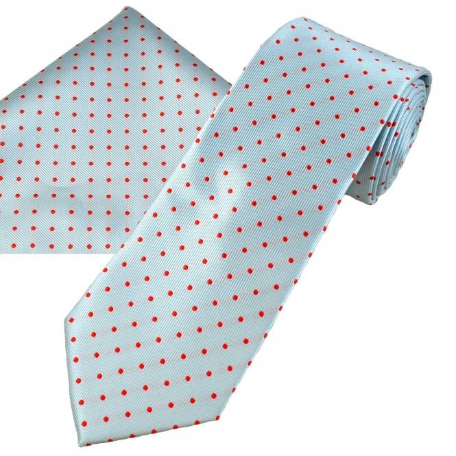 Sky Blue & Red Polka Dot Men's Tie & Pocket Square Handkerchief