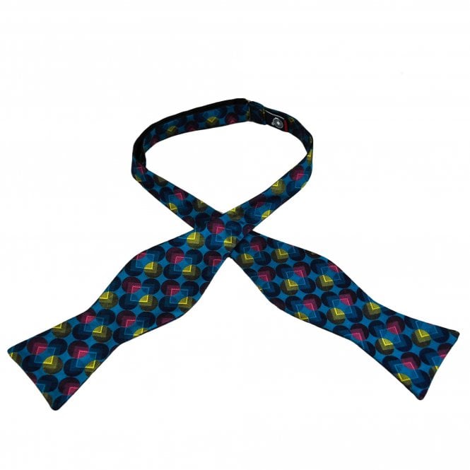 Teal, Blue, Gold & Pink Circle Patterned Silk Self Tie Bow Tie