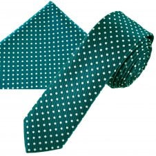 Teal Green & White Polka Dot Men's Skinny Tie & Pocket Square Handkerchief Set