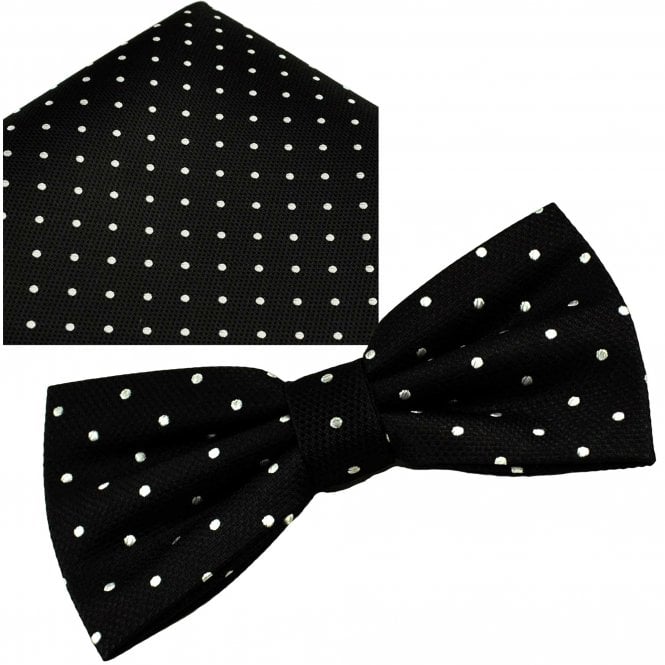 Ties Planet Black & White Polka Dot Silk Bow Tie & Pocket Square Handkerchief Set