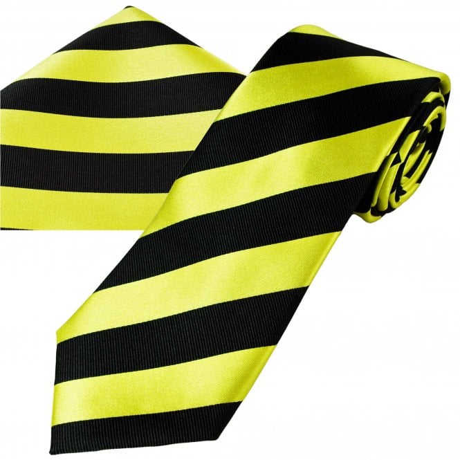  Black & Acid Yellow Striped Men's Silk Tie & Pocket Square Handkerchief Set