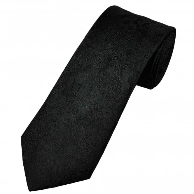  Black Self Flower Patterned Men's Silk Tie