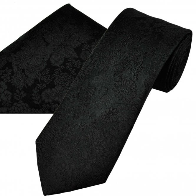  Black Self Flower Patterned Men's Silk Tie & Pocket Square Handkerchief Set