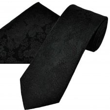 Ties Planet Gold Label Black Self Flower Patterned Men's Silk Tie & Pocket Square Handkerchief Set