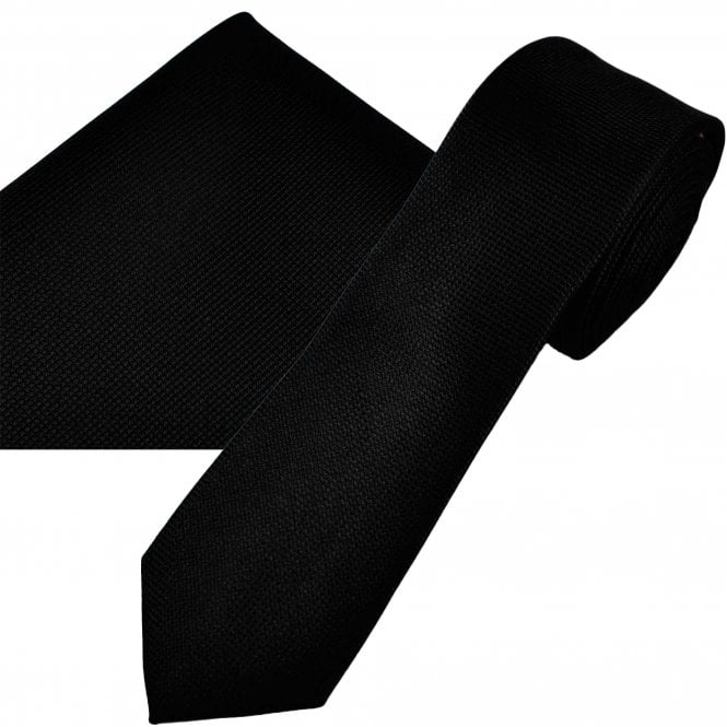 Ties Planet Gold Label Black Textured Luxury Silk Men's Skinny Tie & Pocket Square Handkerchief Set
