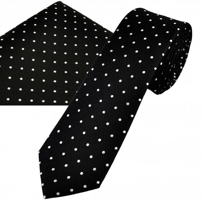  Black & White Polka Dot Men's Silk Skinny Tie & Pocket Square Set