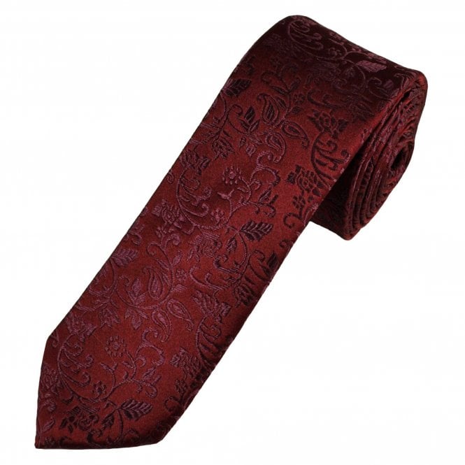  Burgundy Self Leaves Patterned Men's Silk Skinny Tie