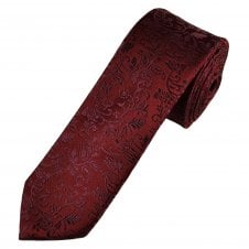 Ties Planet Gold Label Burgundy Self Leaves Patterned Men's Silk Skinny Tie