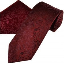 Ties Planet Gold Label Burgundy Self Leaves Patterned Men's Silk Tie & Pocket Square Handkerchief Set