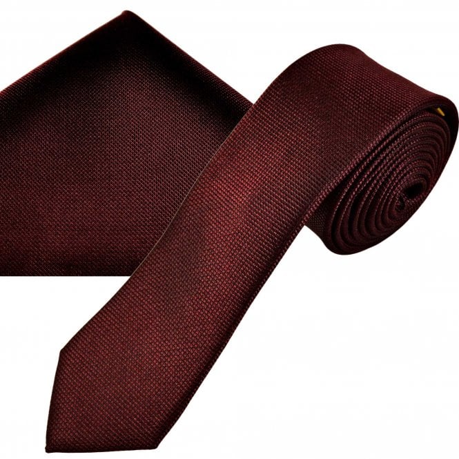 Ties Planet Gold Label Burgundy Textured Luxury Silk Men's Skinny Tie & Pocket Square Handkerchief Set
