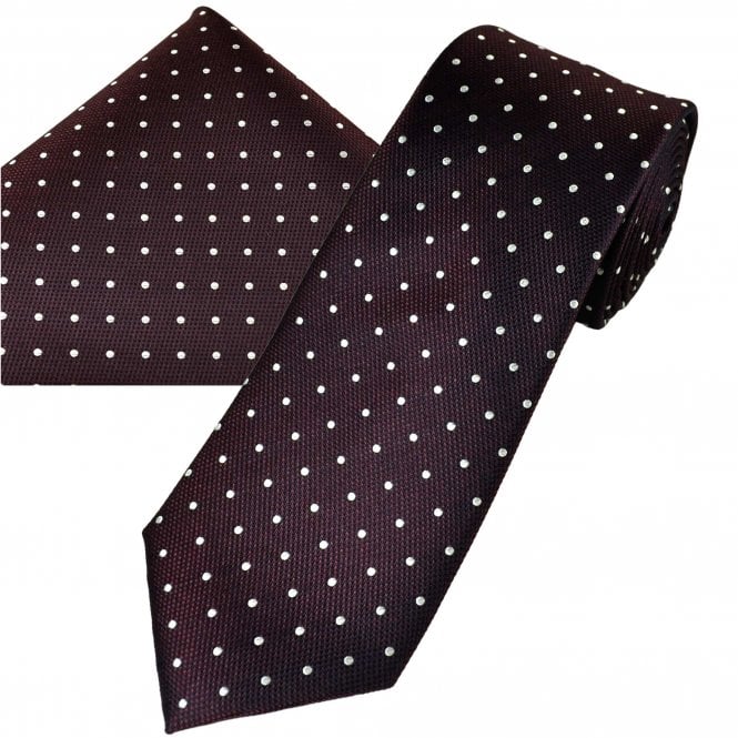  Burgundy & White Polka Dot Silk Men's Tie & Pocket Square Handkerchief Set