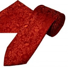 Ties Planet Gold Label Burnt Orange Self Leaves Patterned Men's Silk Tie & Pocket Square Handkerchief Set