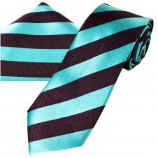 Ties Planet Gold Label Claret & Blue Striped Men's Silk Tie & Pocket Square Handkerchief Set