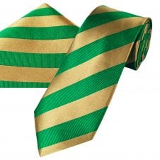 Ties Planet Gold Label Green & Gold Striped Men's Silk Tie & Pocket Square Handkerchief Set